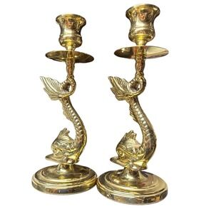 VINTAGE PAIR OF BALDWIN BRASS Candlesticks Candle Holders set KOI, DOLPHIN 8"